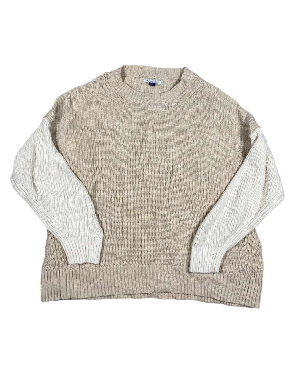 American Eagle Womens Colorblock Knit Sweater Beige White M 100% Cotton Casual - Picture 2 of 8